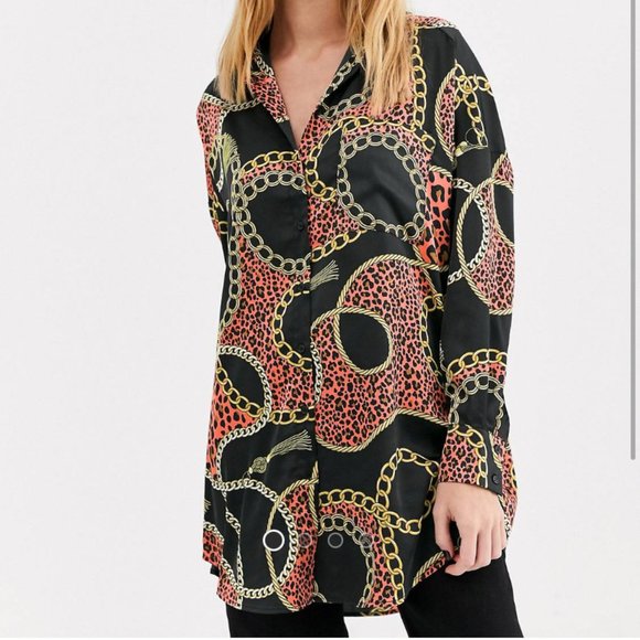 Monki chain print oversized longline satin blouse - Picture 1 of 3